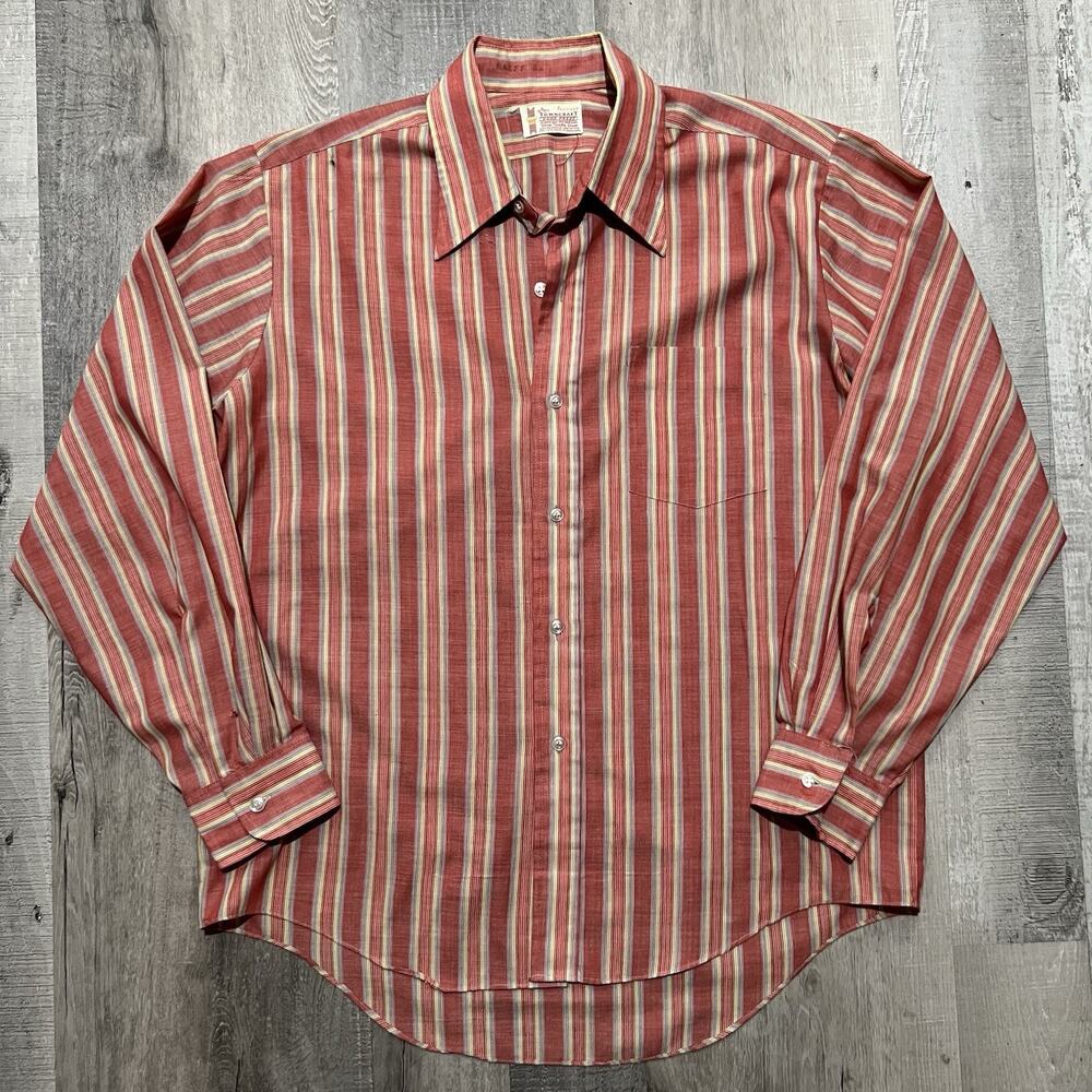 VTG 50s 60s Pennys Penn-Prest Red Multicolor Striped Towncraft Button Shirt L